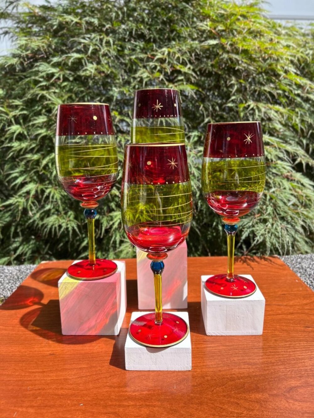 Vintage Pier 1 Festive Stripe Stemmed Wine Glasses.
